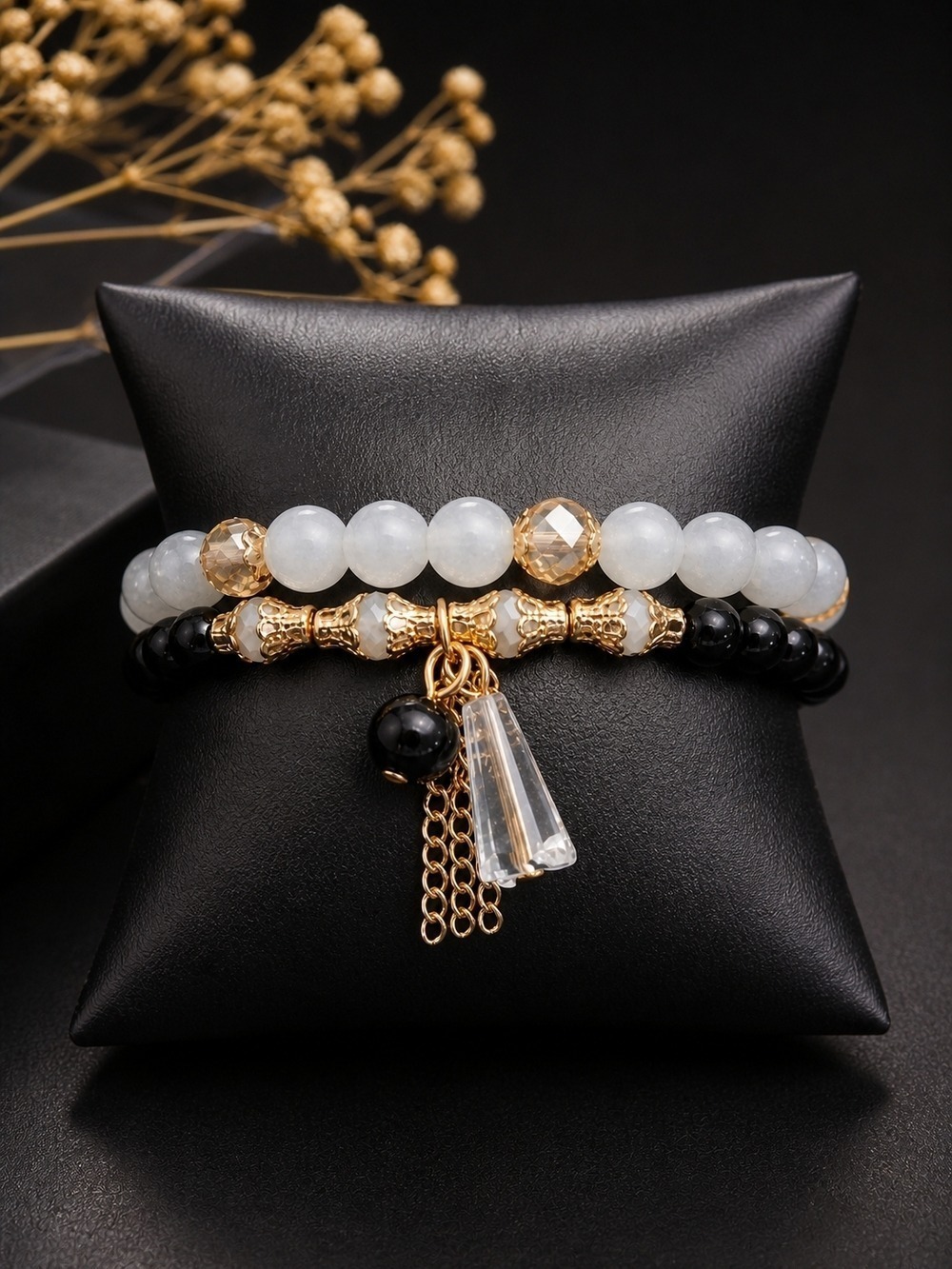 Beaded Bracelet Set Gold Accent Black And White